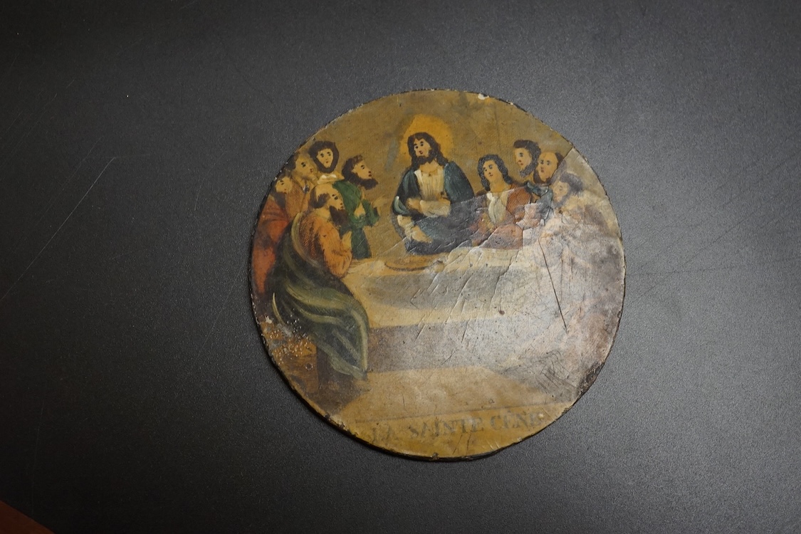 A Victorian Papier mache japanned sewing box, stamped ‘Lane, Birmingham’, the cover with a view of Chingford old church Essex, a boxed Victorian French translation game, by E C Spurin and a papier mache panel (3)
